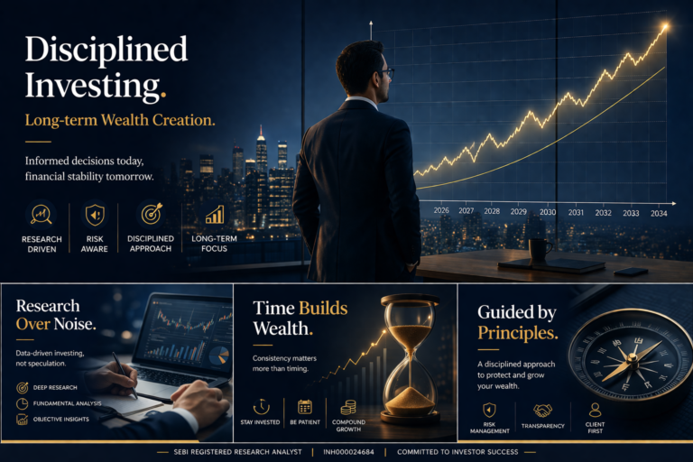 Infographic for Disciplined Investing showing a professional looking at a growth chart, emphasizing research-driven decisions, time-based wealth creation, and principled financial management. Includes SEBI Registration No. INH000024684.